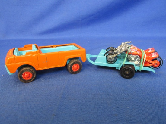 Tootsie Toy  Orange Pick-up (1969) & Trailer Holding 2 Hotwheels Harley Motorcycles