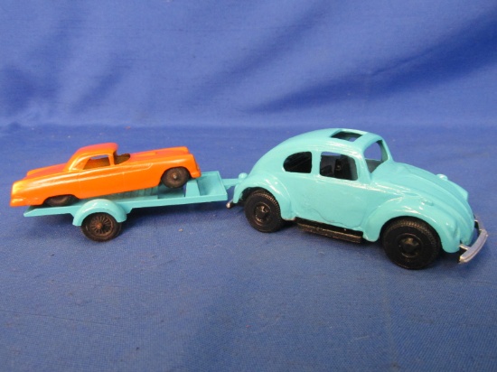 Tootsie Toy  Orange Jeep (1969) & Trailer Holding Hotwheels 1992 Plastic Roadster