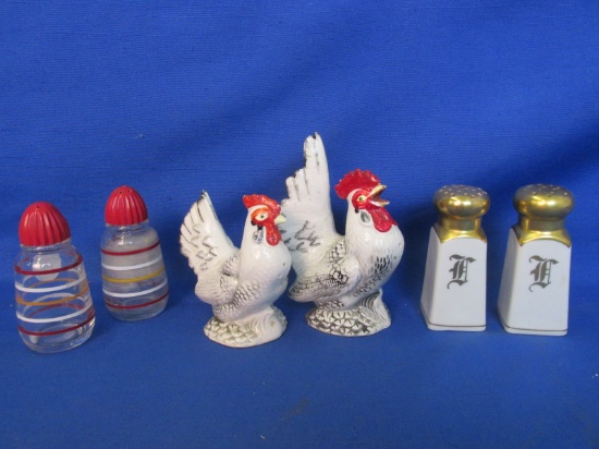 Vintage S&P Sets: Red Topped Hazel Atlas (Striped), Gilded Porcelain, Chickens