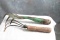 2 Antique Garden Tools Claws 1 is green metal & wood & 1 is wood handled