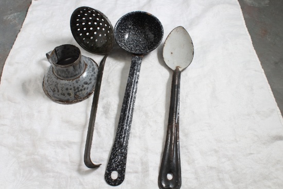4 Piece Lot Antique Graniteware Kitchen Utensils, Ladles, Funnel & Spoon