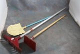 Vintage Children's Three Piece Metal Garden Tool Toys Rake, Hoe & Shovel