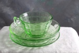 3 pc Set Depression Vaseline Uranium Glass Block Optic Pattern Cup, Saucer &
