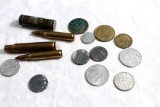 Lot of World War 2 Brass Bullets, Military Battery, French Coins & 5 Other Coins