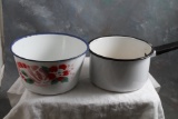 2 Vintage Pieces of Enamelware 1 Quart Pot & Floral Design pot