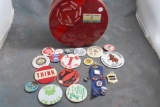 Vintage LAND O LAKES Butter Gift Tin + 23 Pins 15 Pinbacks 2 are Political, and 8