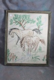 Antique Framed Western Themed Embroidery of Mare & Colt in Pasture