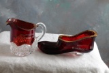2 Early 1900's Ruby Flash Souvenirs Shoe Hammond, Illinois & Bedford, PA Pitcher