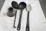 4 Piece Lot Antique Graniteware Kitchen Utensils, Ladles, Funnel & Spoon