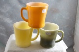 3 Vintage FIRE KING D Handle Mugs Orange, Yellow & Green