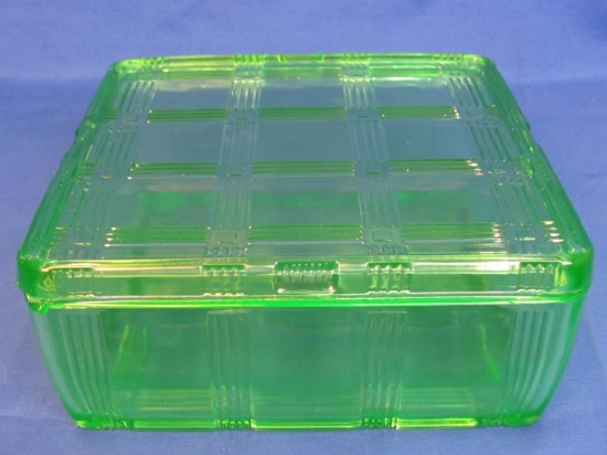 Hazel-Atlas Green Depression Glass Refrigerator Dish – Criss Cross Pattern – 8 ¼” square