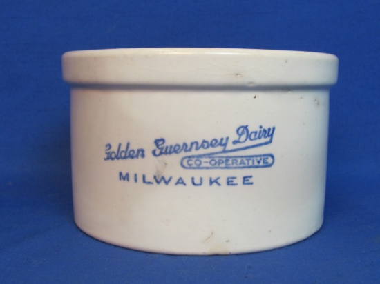 Stoneware Butter Crock “Golden Guernsey Dairy Co-Operative Milwaukee”  5 1/2” in diameter