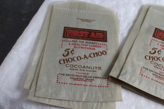 25 Vintage FIRST AID Soda CHOCO-A-CHOO Cocoanuts Advertising Bags NOS