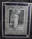 Victorian Young Lady Etched Glass Panel with Leaded Glass Wall Hanging Measures 19