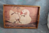 Vintage Wood & Brass Laquered Tray with Swan Motif
