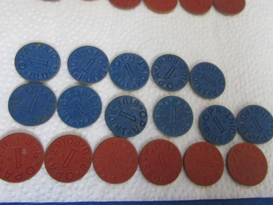Red & Blue Ration Tokens – Circa 1940's WWII (155 Red & 11 Blue)