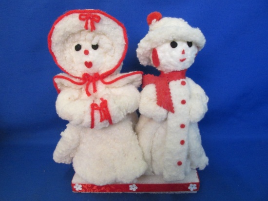 Vintage Hand-Made Cotton & Felt Snow People  on a  4 1/2” x 8” Base