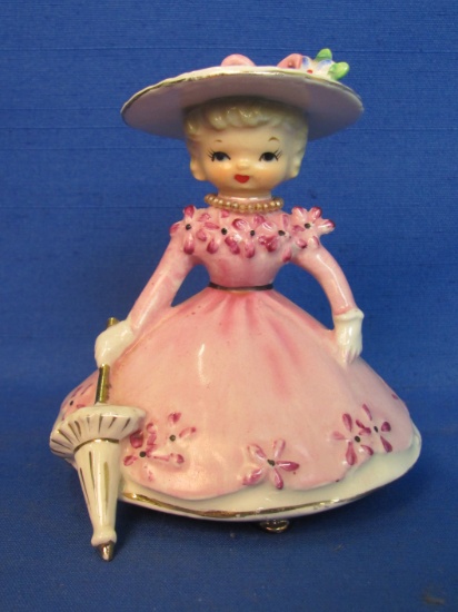 1956 Napco Ceramic Lady Figurine – Pink Dress, Holding an Umbrella – 4” tall