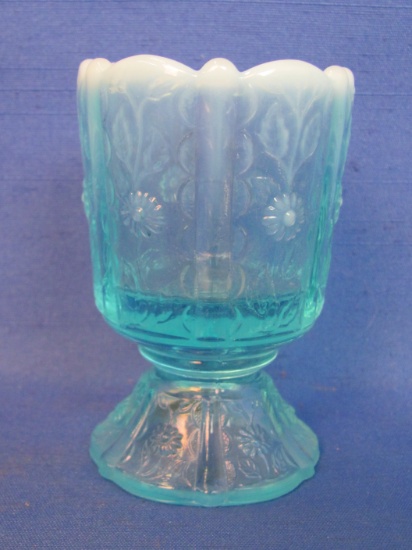 Fenton Glass Toothpick Holder – Blue Opalescent with Daisy Pattern – With Sticker
