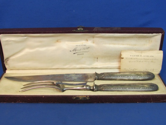 Antique French Carving Set w Sterling Silver Handles – Original Case w Business Card