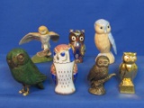 7 Owl Figurines from the Franklin Mint: Ceramic, Cloisonne, Brass, Wood – Tallest is 3 1/4”