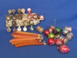 Vintage Christmas: 12 Clip-on Candle Holders, 11 Candles, 13 Small Glass Ornaments