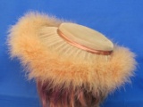 Ladies Vintage Hat – Taupe/Dusty Rose Velvet w Ribbon & Feather Trim – In Box