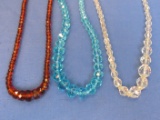 3 Vintage Glass Beaded Necklaces: Root Beer, Blue & Clear – All Faceted but Different Shapes