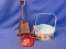Tin Litho Toy Basket, Pressed Steel Toy  Miniature Phone 3-4”& Vintage Toy Sand Shovel
