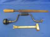 Antique  & Vintage Tools: 12” File (18” W handle), Hammer/Pry bar 8” L, Crank Handle
