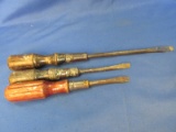 3 Vintage Wooden Handle Screw Drivers 8-12” Long – each has a conical ferule