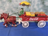 Cast Iron Coca Cola Wagon – 2 Horse team, 1 Driver, 1 Dog, 5 cases, 1 dolly, 1 Umbrella