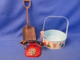 Tin Litho Toy Basket, Pressed Steel Toy  Miniature Phone 3-4”& Vintage Toy Sand Shovel