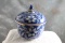 Floral Covered Blue and White and Gold Jar Measures 6 3/4