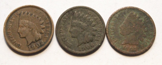 1902, 1906, 1907 Indian Head Pennies 2 are Bent & 1 is hard to read