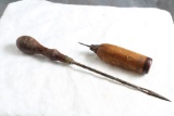 2 Antique Leather Working Sewing Tools - one is marked B.R.H.9 1/4