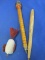 Vintage Wooden Fishing Lure 1” Body 3” L with hook & 2 Wood Pens (1 was a spindle)