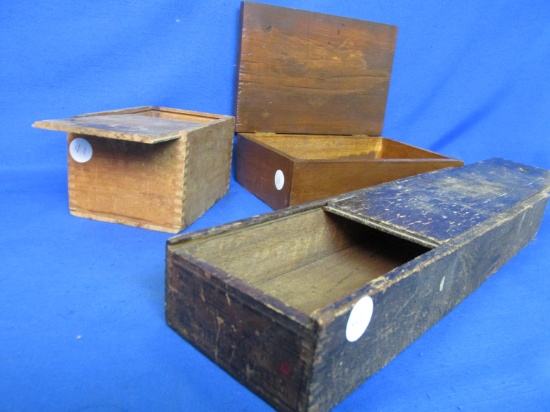 3 Wood Boxes: 2 sliding top (unmarked & Oysters) and a hinged Box