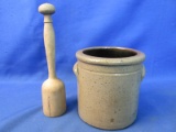 Small Salt Glazed Stoneware Crock – Unmarked – Wood Masher – Crock is 4” tall