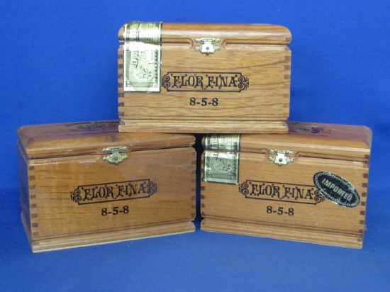 3 Wood Cigar Boxes – Marked Flor Fina on the Front – Hinged Lids – 6 3/4” x 4 1/4” - 4 1/4” tall