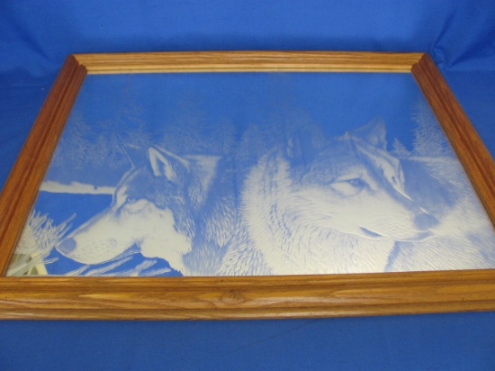 Framed Etched Glass Mirror – Wolves in the Woods – Wood Frame is 22 1/2” x 18 1/2”