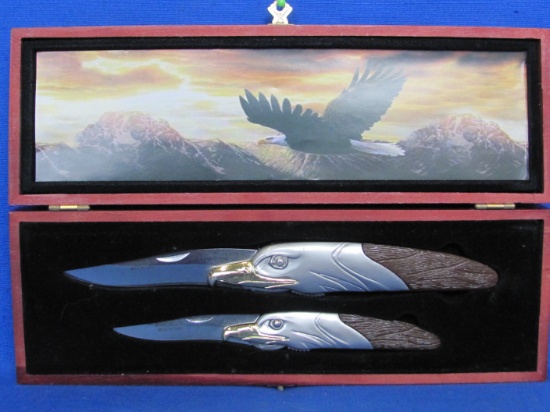 Pair of Folding Knives with Eagle Handles – In Wood Presentation Case