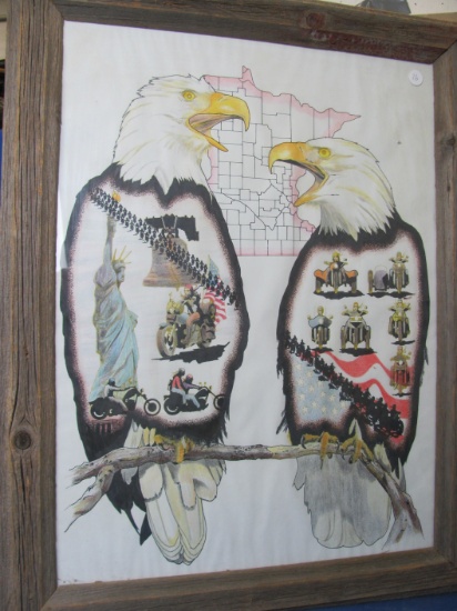 Pencil Draw Picture – 2 Eagles over Minnesota with Motorcyclists – Barnwood frame is 28” x 22”