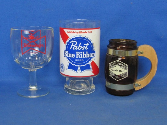 3 Beer Steins/Mugs: Grain Belt – Budweiser – Pabst Blue Ribbon – Tallest is 6 3/4”