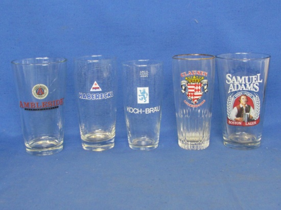 5 Glass Tumblers all with Beer Advertising – Samuel Adams, Koch-Beäu – Tallest is 5 7/8”