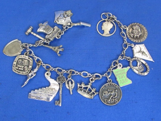 Vintage Charm Bracelet: Many TOPS Charms – 2 Couple are Sterling – 1 1920 Mercury Dime