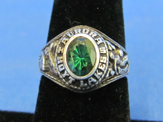 Sterling Silver Class Ring w Green Stone – Hoyt Lakes, MN – Size 6.5 – Weight is 5.8 grams