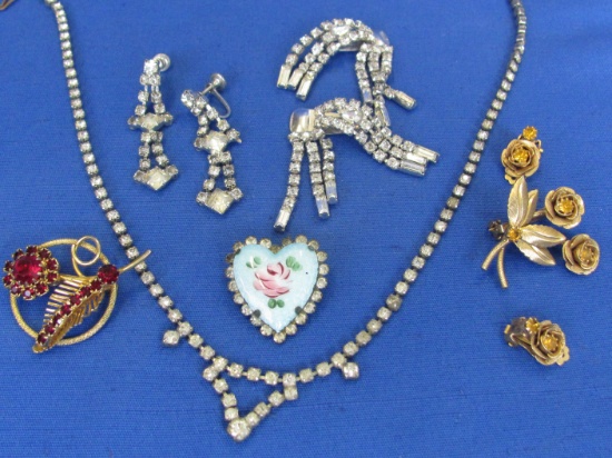 Lot of Vintage Rhinestone Jewelry: Necklace & Earrings, Pins, Pin & Earrings