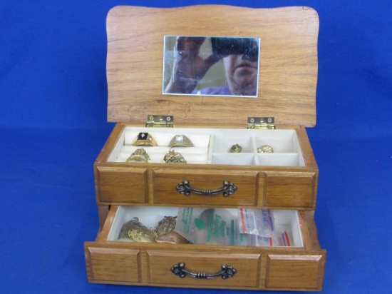 Small Wood Jewelry Box w Costume Rings, Pins, Pendants, Publicity Sweepstakes Gems