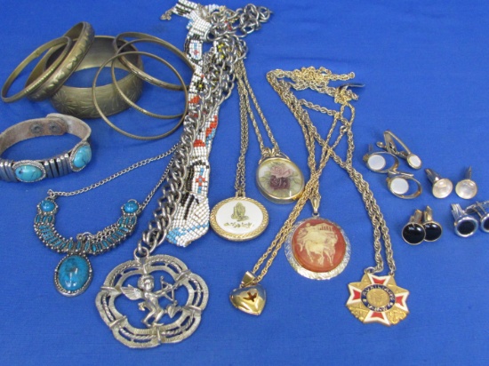 Misc Lot of Costume Jewelry: Bangle Bracelets, Pendants & Chains, Cufflinks